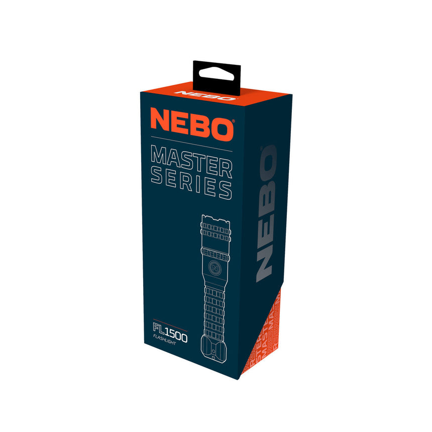 Product packaging box for a NEBO Master Series flashlight.