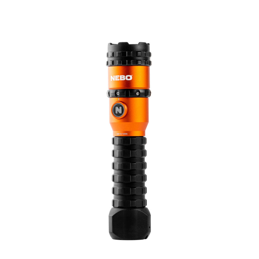 Orange and black handheld flashlight with a textured grip.
