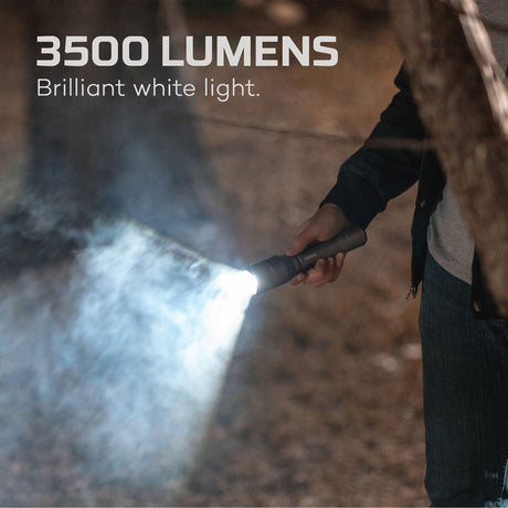 Extremely bright flashlight emitting 3500 lumens of brilliant white light.