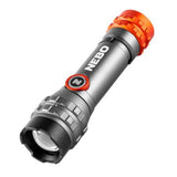 Handheld flashlight with a silver body and orange accents.