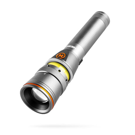 Metallic flashlight with a yellow ring and orange power button.
