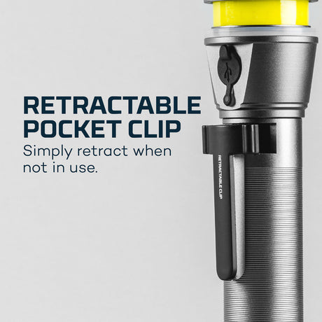 Metallic flashlight with a yellow cap and retractable pocket clip.