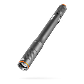 Sleek, cylindrical metal flashlight with an orange accent ring near the lens.