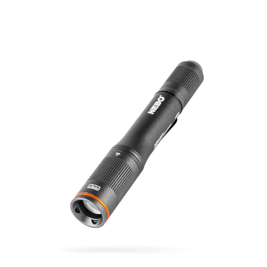 Black cylindrical flashlight with a textured grip and orange accent ring near the lens.