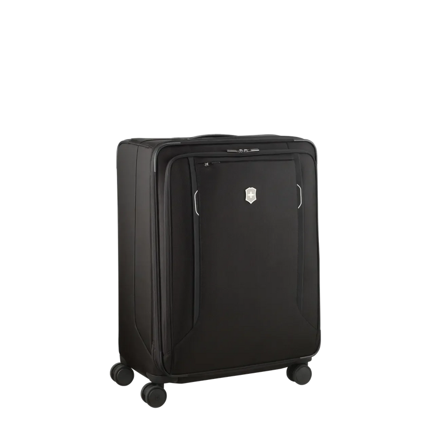 Black wheeled suitcase with a front pocket and small logo.