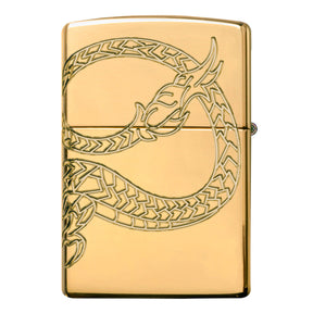 Gold-colored Zippo lighter with an engraved dragon design.
