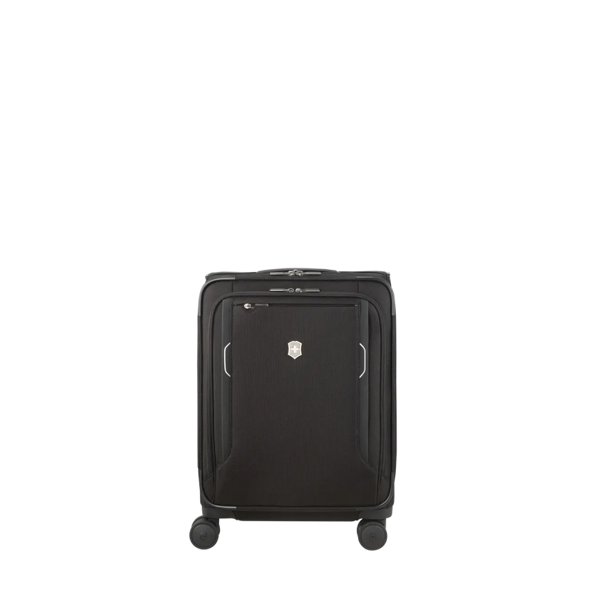 Black wheeled carry-on suitcase with a hard shell exterior.