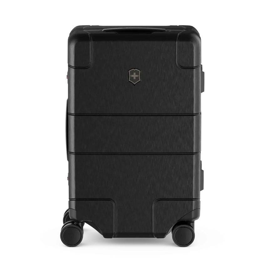 Black hardshell rolling suitcase with horizontal ridges and a logo.
