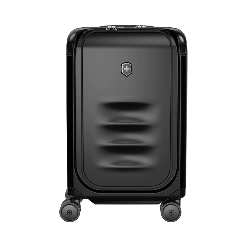 Black hardshell rolling suitcase with a Victorinox logo.
