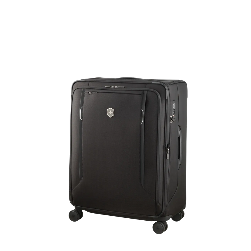 Black rolling suitcase with multiple compartments and a Victorinox logo.