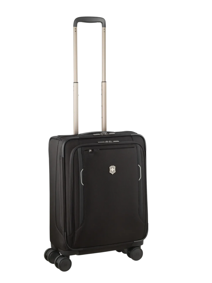 Black rolling suitcase with an extendable handle and four wheels.