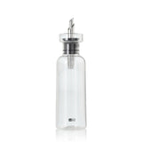 Glass bottle with a metal and plastic pouring spout or dispenser top.