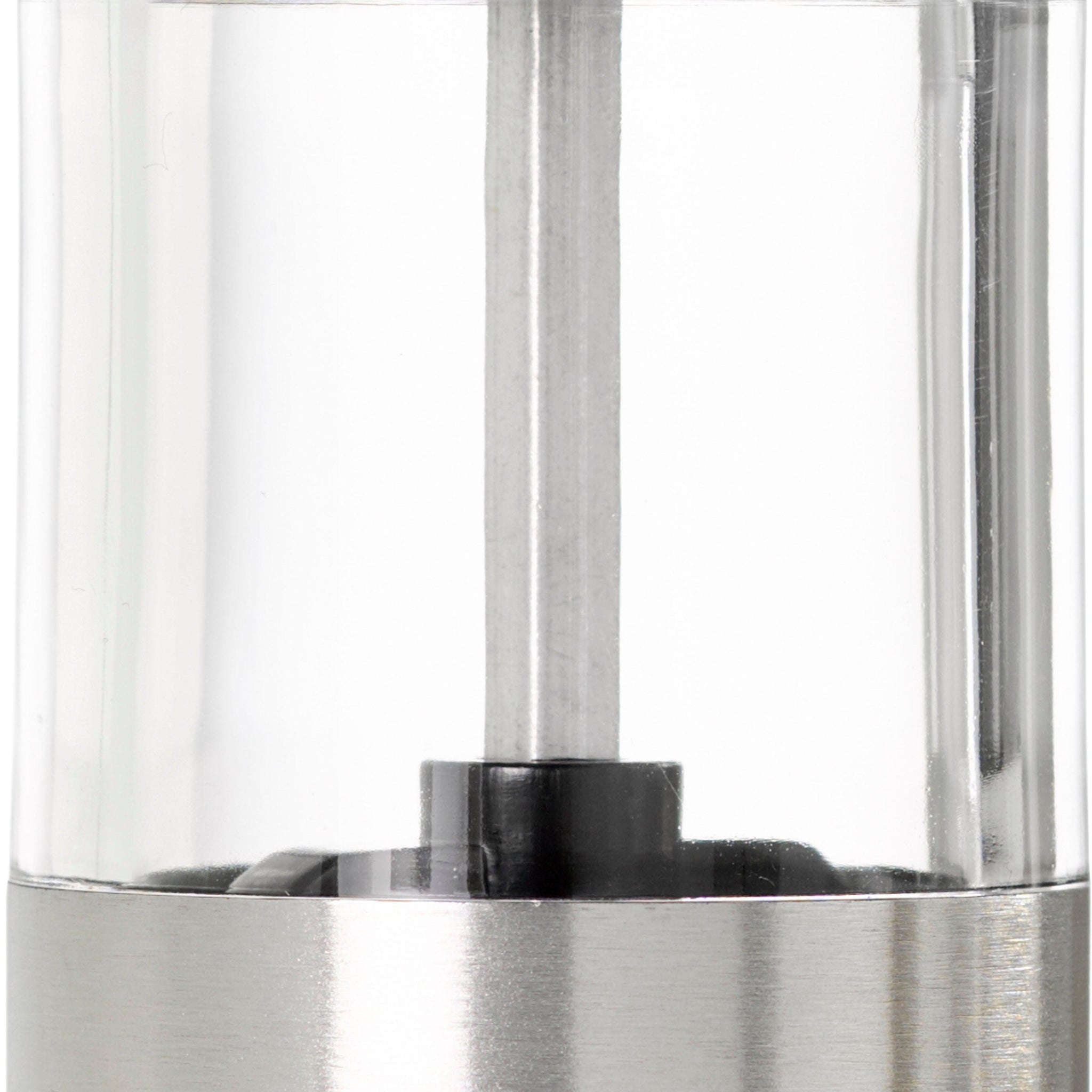 Clear glass and stainless steel cylindrical container or vessel.
