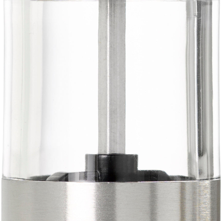 Clear glass and stainless steel cylindrical container or vessel.