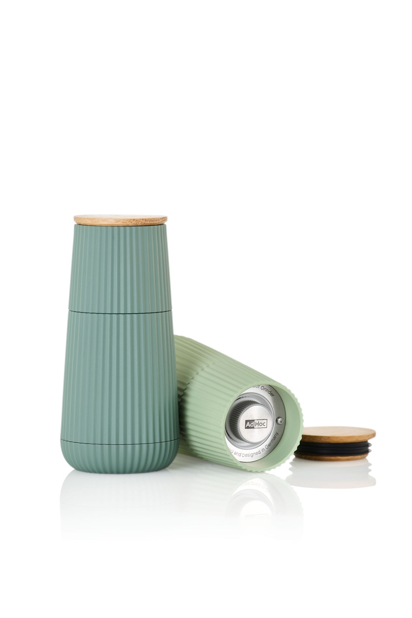 Ribbed teal thermos with a wooden lid.