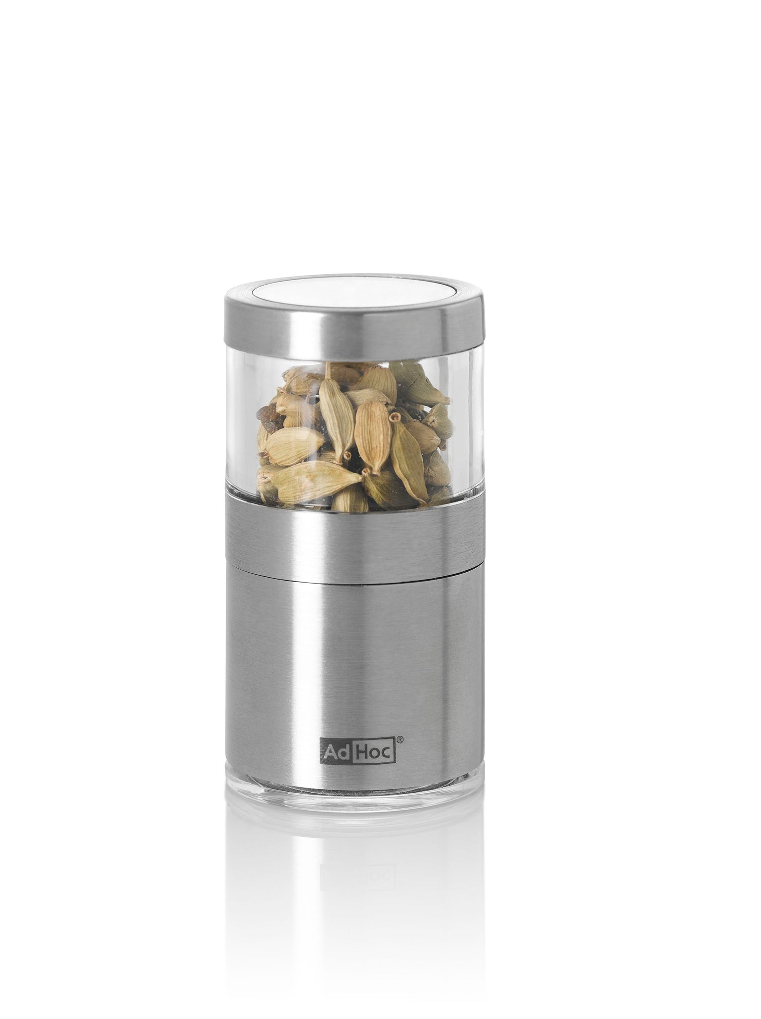 Stainless steel spice grinder with a clear viewing window containing dried herbs or spices.