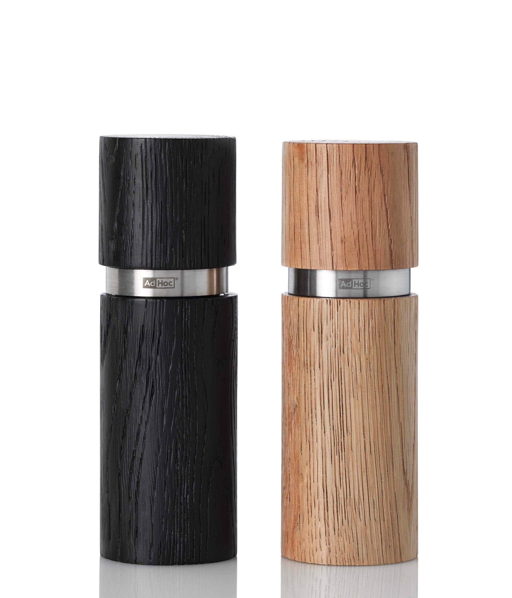 Wooden salt and pepper grinders with metal bands.