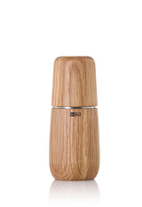 Wooden pepper mill or spice grinder with a cylindrical shape and silver band.