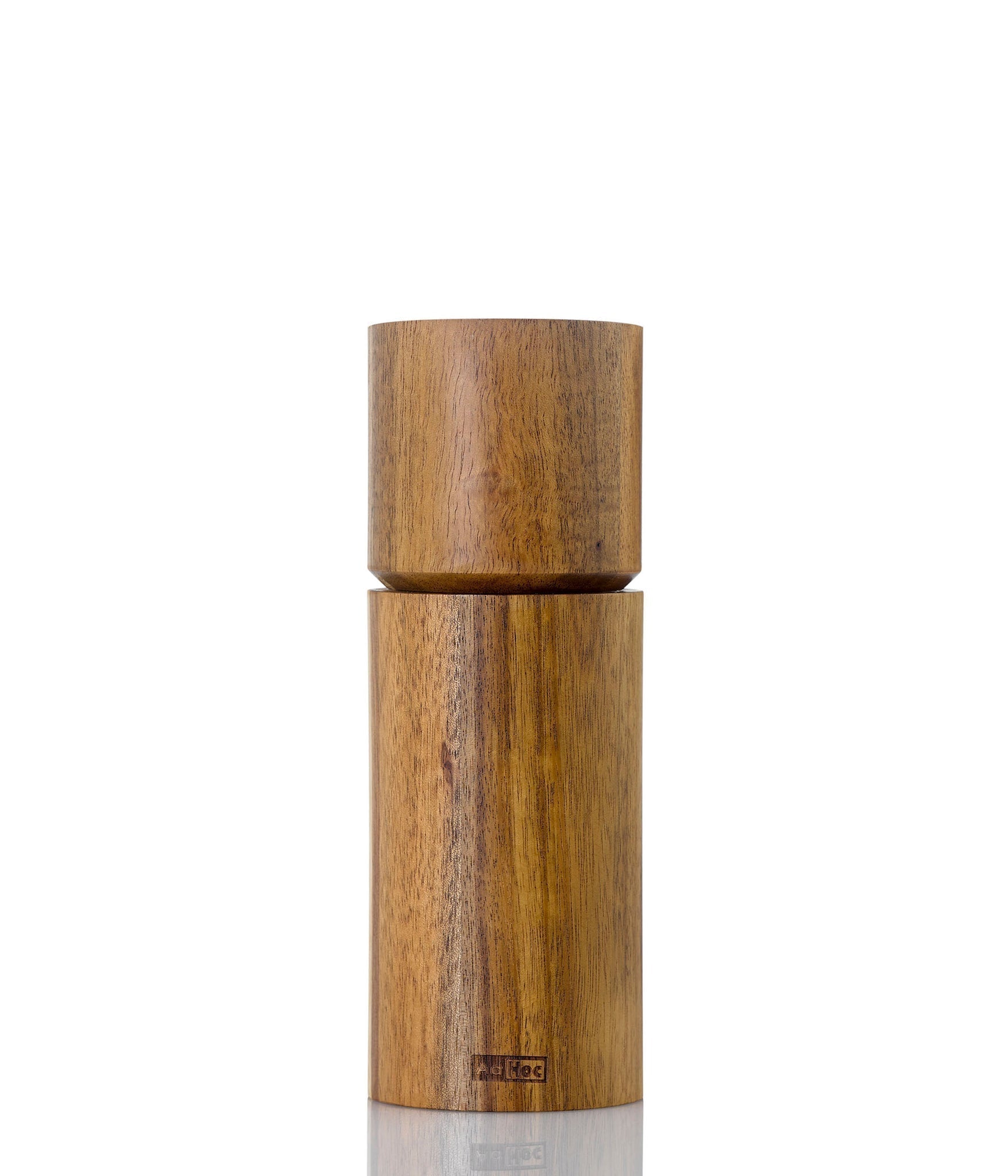 Wooden pepper or salt mill with a cylindrical shape and two-part design.