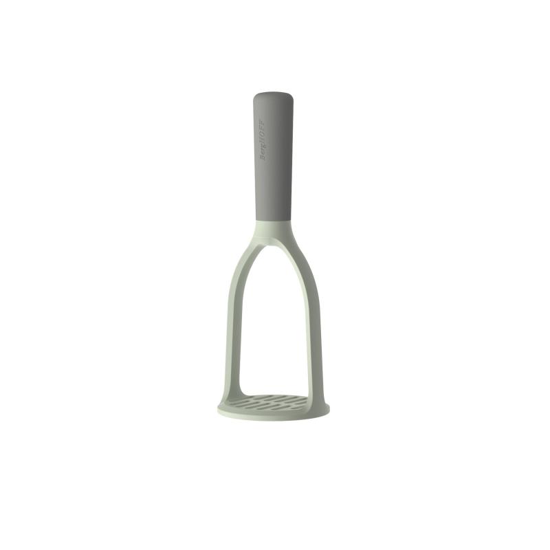 Potato masher with a gray handle and light-colored mashing head.