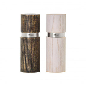 Two wooden pepper mills or salt grinders with metallic bands.