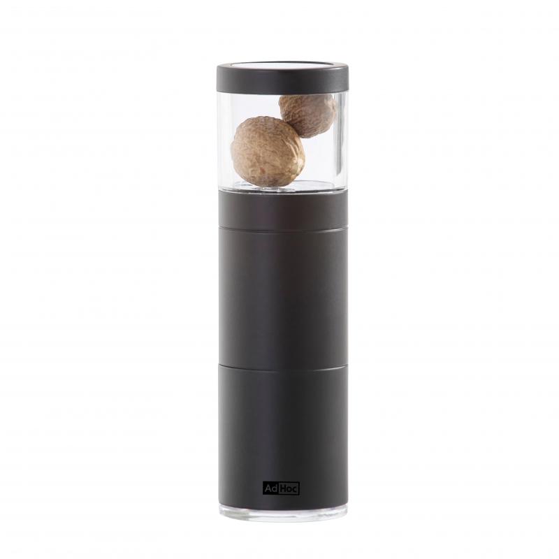 Cylindrical black pepper mill with a clear top compartment containing peppercorns.