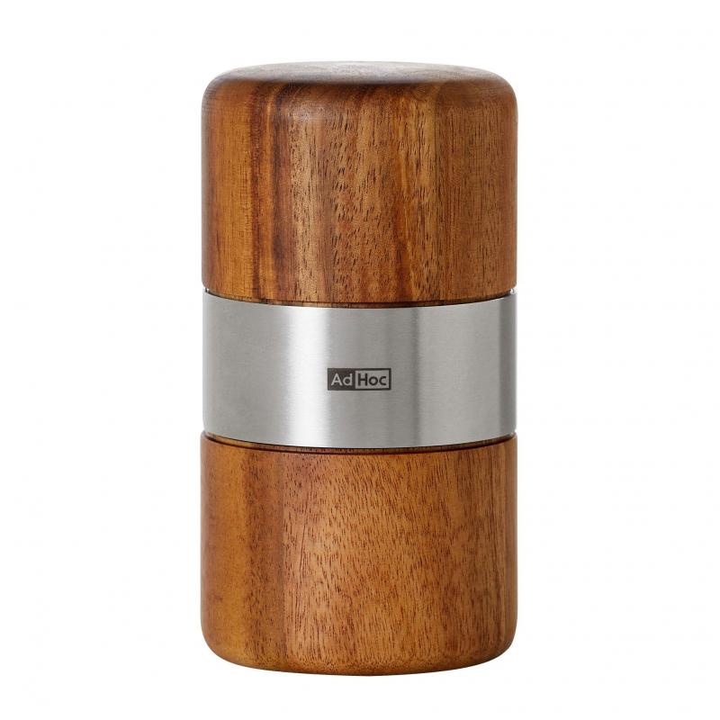 Wooden salt or pepper grinder with a metallic band around the middle.