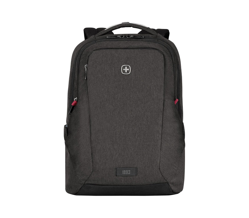 Dark gray backpack with multiple compartments and a Swiss Army logo.