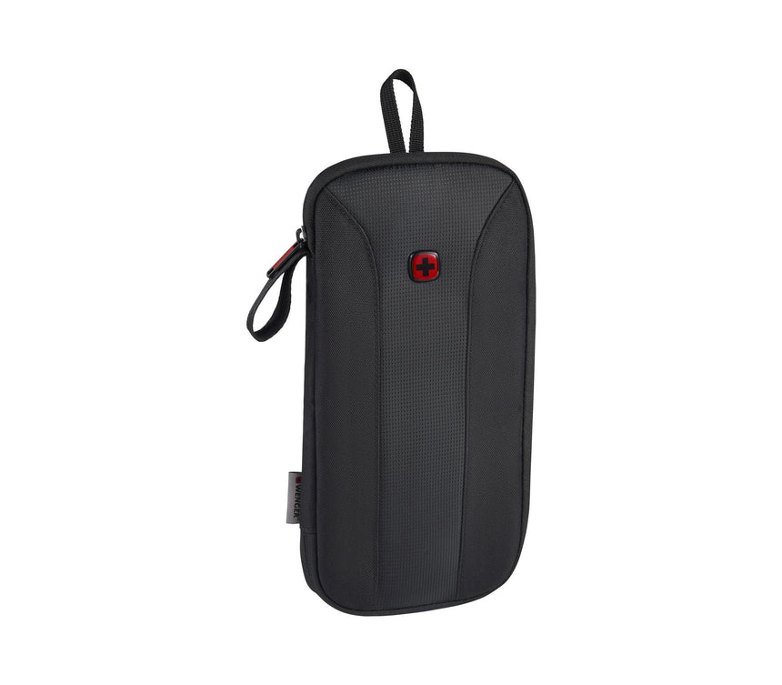 Black zippered travel pouch with a red logo.