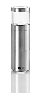 Stainless steel and glass water bottle or infuser with a cylindrical shape.