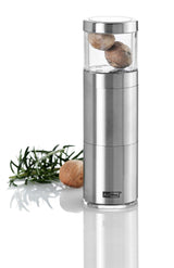 Stainless steel pepper mill with a clear glass chamber on top containing peppercorns.