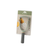 Handheld potato peeler in gray and green packaging.
