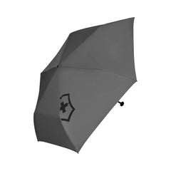 Gray folding umbrella with a logo on its canopy.