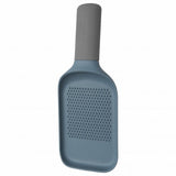 Bottle-shaped kitchen grater with a perforated surface and gray handle.