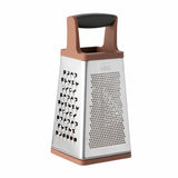 Four-sided stainless steel cheese grater with a copper-colored plastic handle and base.