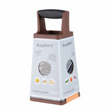 Four-sided box grater with a brown handle and white body featuring different grating surfaces.
