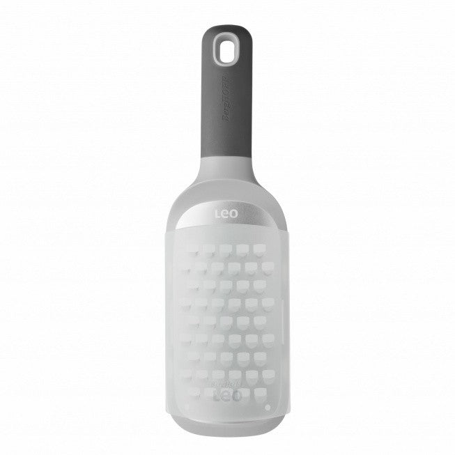 Cheese grater with a bottle-like shape and handle.