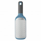 Blue and gray bottle-shaped kitchen grater with a handle.