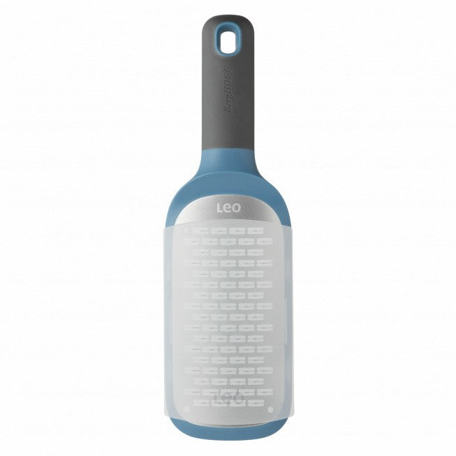 Blue and gray bottle-shaped kitchen grater with a handle.