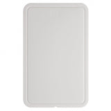 White plastic cutting board with rounded corners and a slightly raised edge.