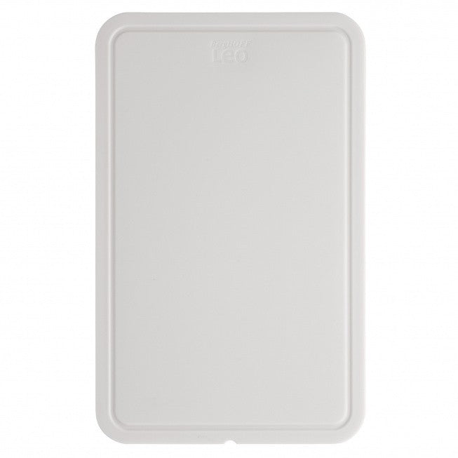 White plastic cutting board with rounded corners and a slightly raised edge.