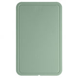 Mint green rectangular plastic cutting board with rounded corners and a raised edge.