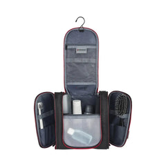 Toiletry bag or travel organizer with multiple compartments and a hanging hook.